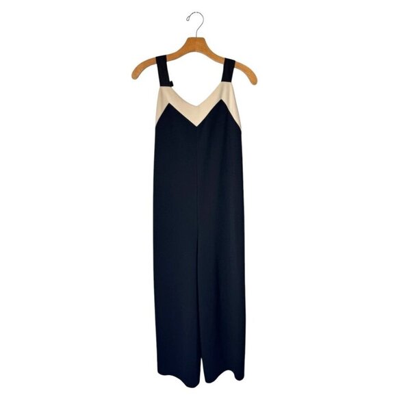 Zara Jumpsuit Women Small Black Ivory Tie Back Overall Wide Leg‎ Cropped Preppy - Picture 2 of 10